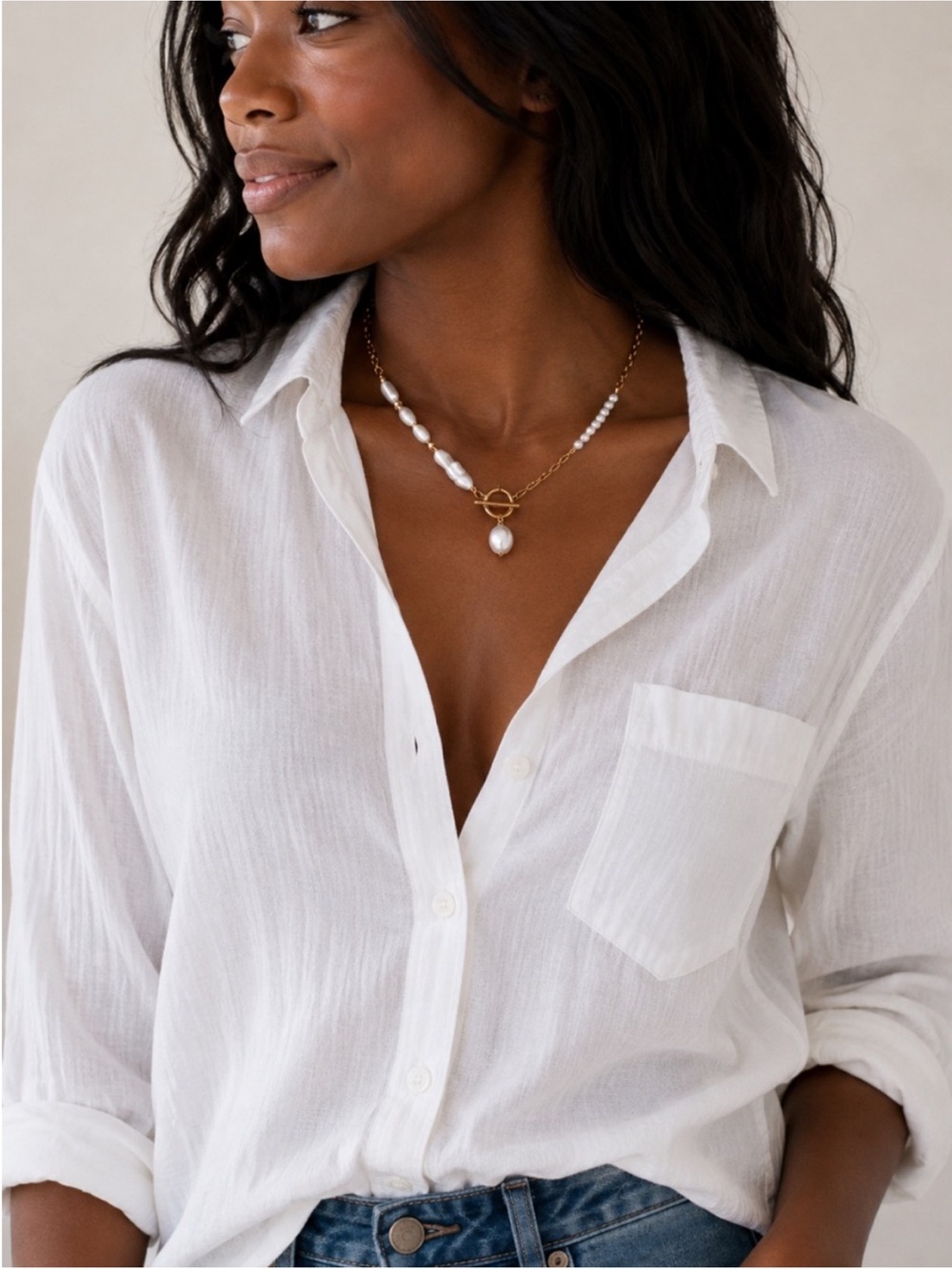 New! Pearl Gold Chain Toggle Necklace NWOT